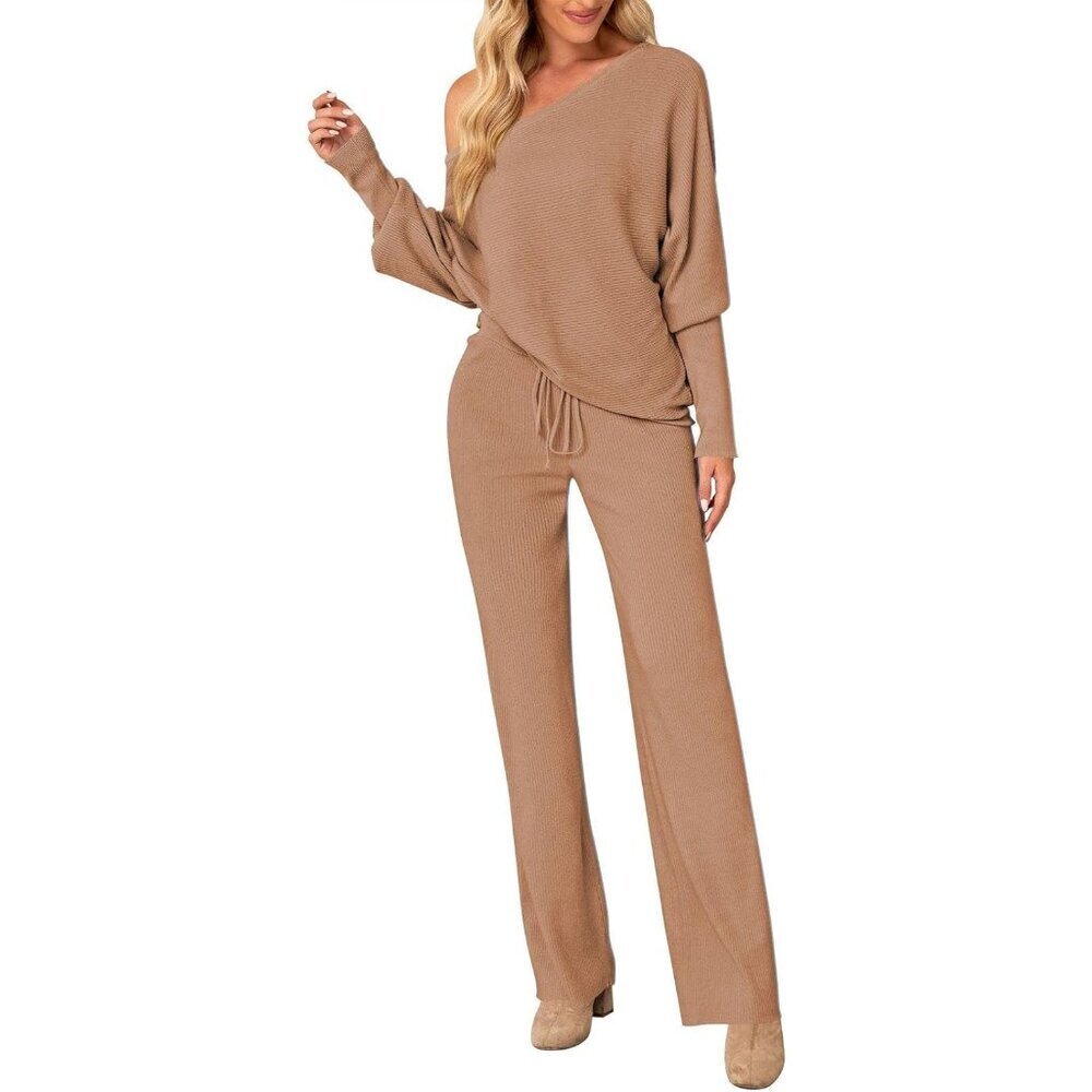 Women’s Knit Two-Piece Set Off-Shoulder Sweater Wide Leg Pants Loungewear - Picture 2 of 8